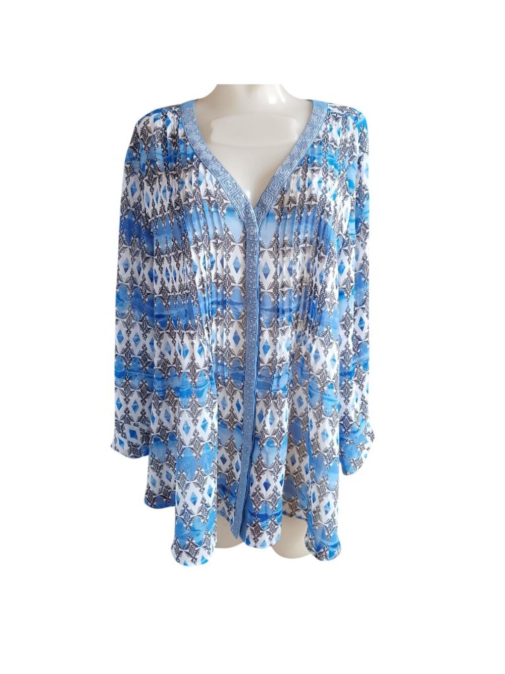 Valerie Stevens XL Granny Blouse Blue & White Geometric Tunic Sequin Detail